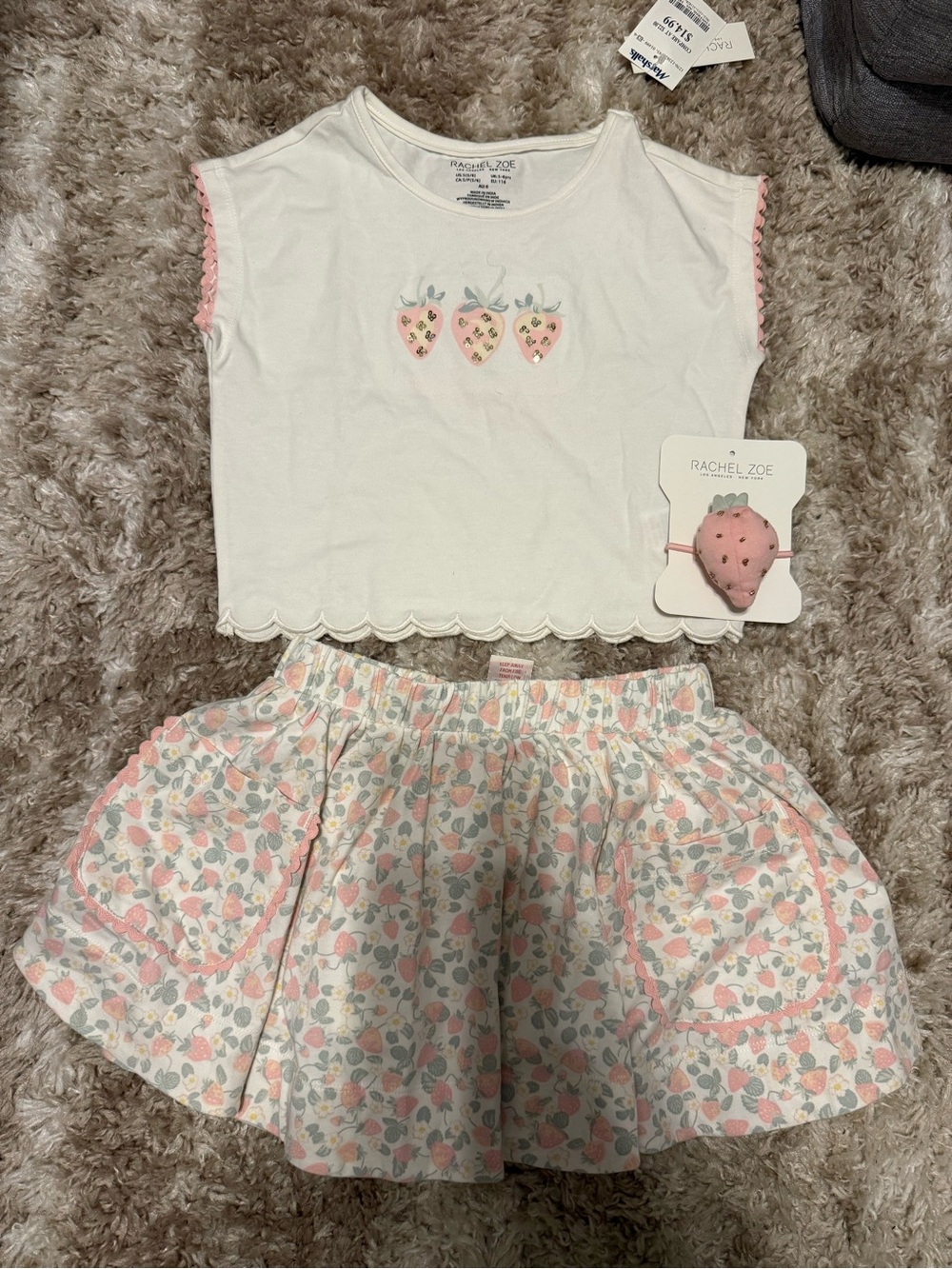 Rachel Zoe White and Pink Strawberry Print Girls Matching Set. Size 5/6 NWT